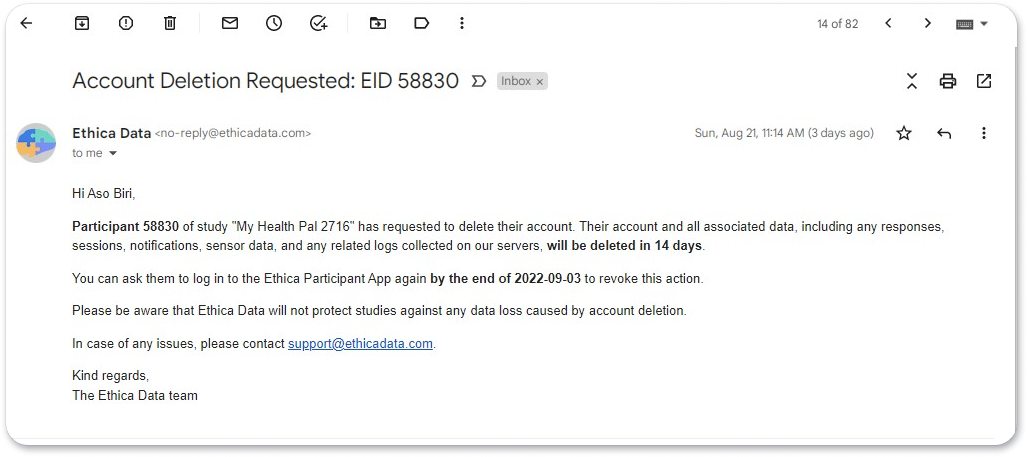 Email Notifying Researchers of Participants&#39; Account Deletion Request